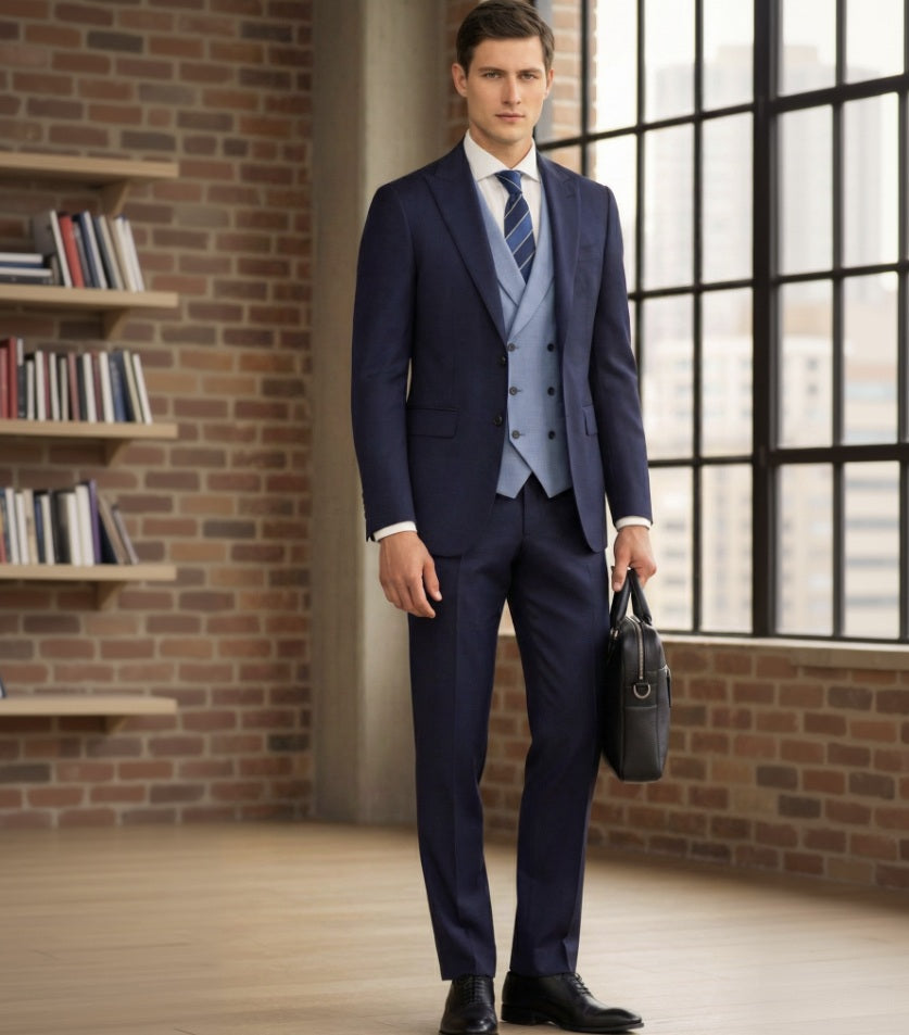Man in a formal blue suit with a tie standing in a room with a brick wall and large window.