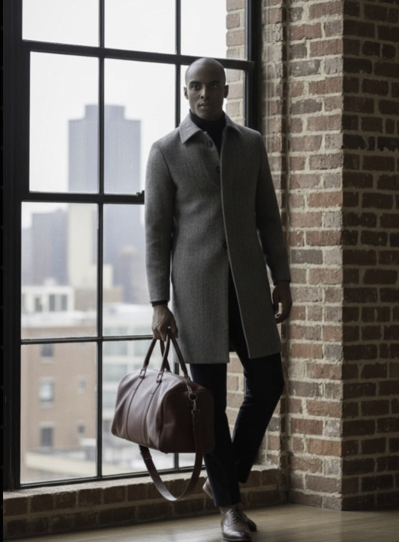 Man in a gray coat holding a brown leather bag against a brick wall with a cityscape view.