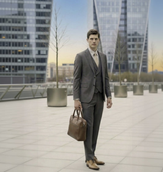 Man in a gray suit holding a briefcase in an urban setting with modern buildings.