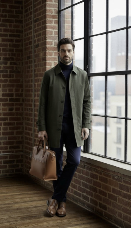 Man in a green coat holding a brown leather bag against a brick wall with large windows.