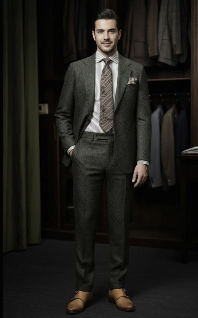 Man in a green suit with a patterned tie standing in a clothing store.