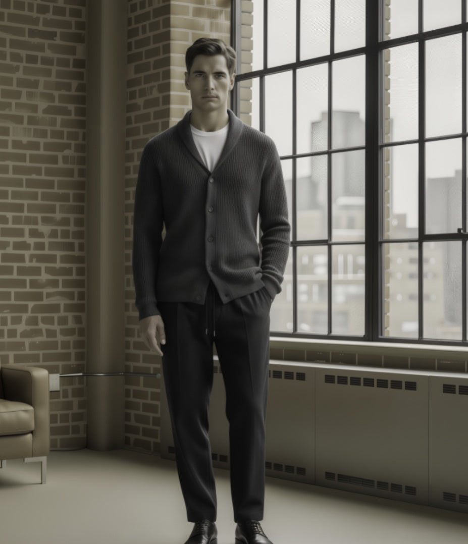 Man in a grey cardigan standing in a room with large windows and brick wall.