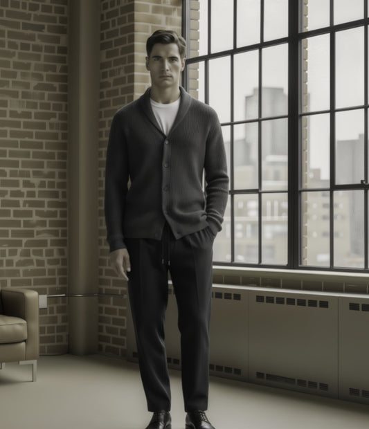Man in a grey cardigan standing in a room with large windows and brick wall.
