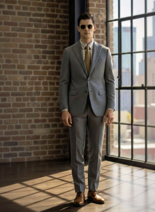Man in a grey suit standing against a brick wall with large windows in the background