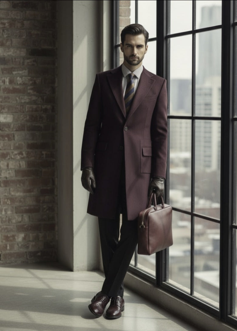 Man in a maroon suit standing by a large window with a cityscape view.