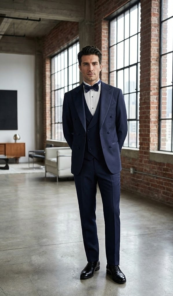 Man in a navy suit standing in a modern interior setting with large windows and brick walls.