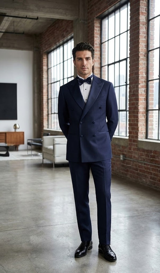 Man in a navy suit standing in a modern room with large windows and brick walls.
