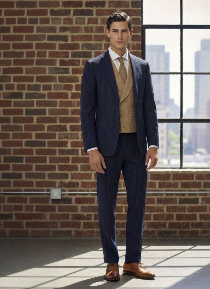 Man in a navy suit with a beige vest and brown shoes standing in front of a brick wall with a window view.