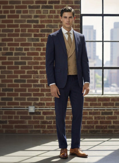 Man in a navy suit with a beige vest and brown shoes standing in front of a brick wall with a window view.