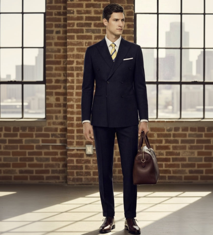 Man in a navy suit with a brown leather bag standing in front of a brick wall with large windows.