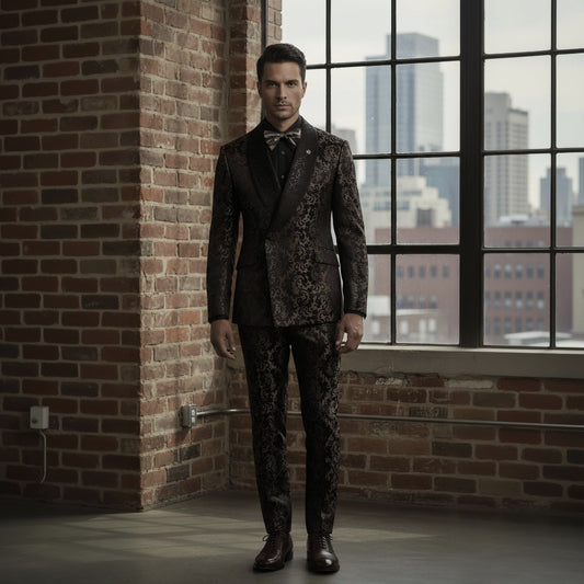 Man in a patterned suit standing in front of a window with cityscape view