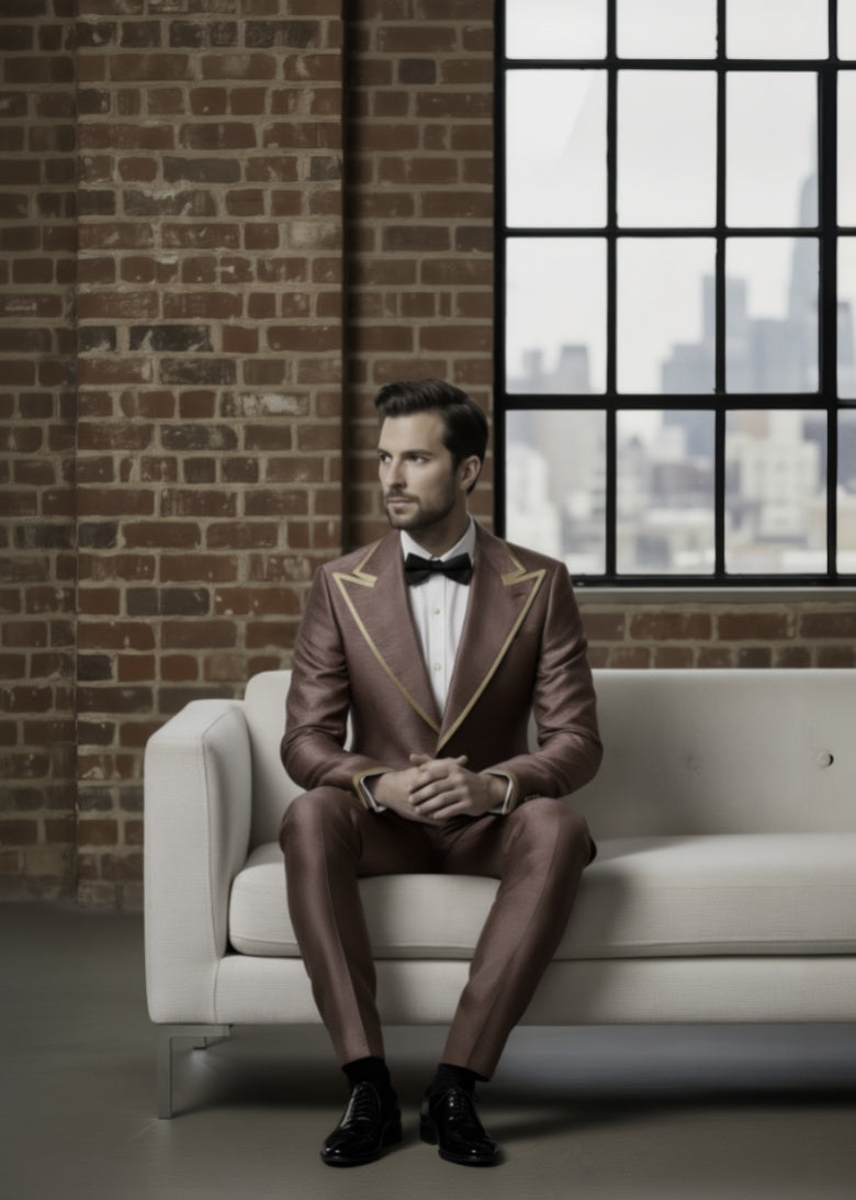 Man in a red and cerise and gold trim suit sitting on a white couch with a brick wall and window in the background