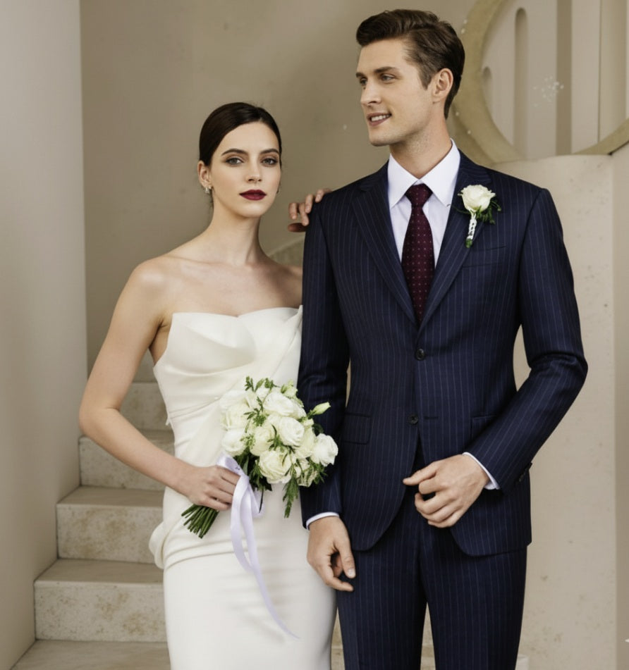 Man in a suit and woman in a wedding dress standing together on a staircase.