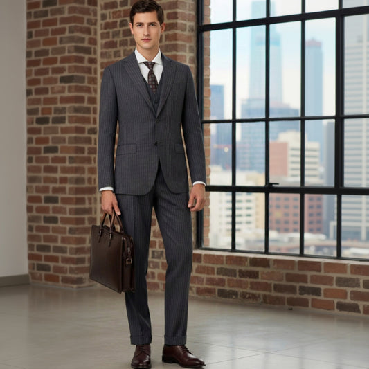 Man in a suit holding a briefcase in an urban setting with a brick wall and cityscape.
