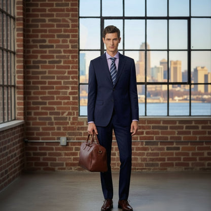 Man in a suit holding a leather bag in front of a large window with a cityscape view.