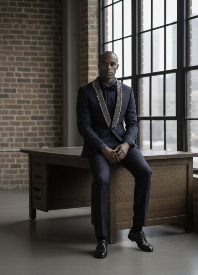 Man in a suit sitting on a wooden desk with large windows and brick wall in the background