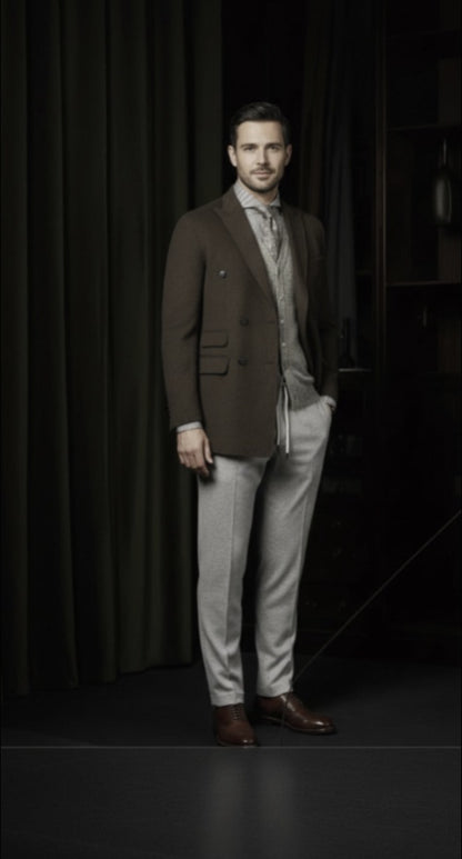 Man in a suit standing against a dark curtain