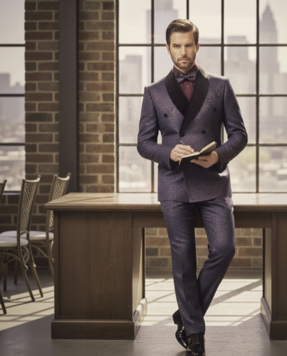 Man in a suit standing in an office with large windows and a cityscape view.