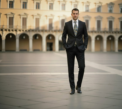 Man in a suit standing in front of an architectural building