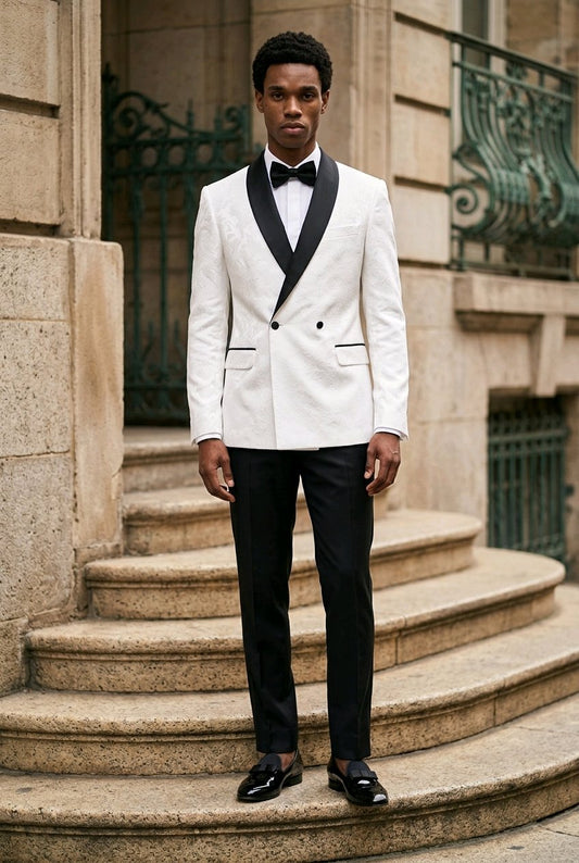 A man wearing a white double-breasted tuxedo jacket with black satin lapels, black trousers, a black bow tie, and black dress shoes, standing on stone steps in front of a building.