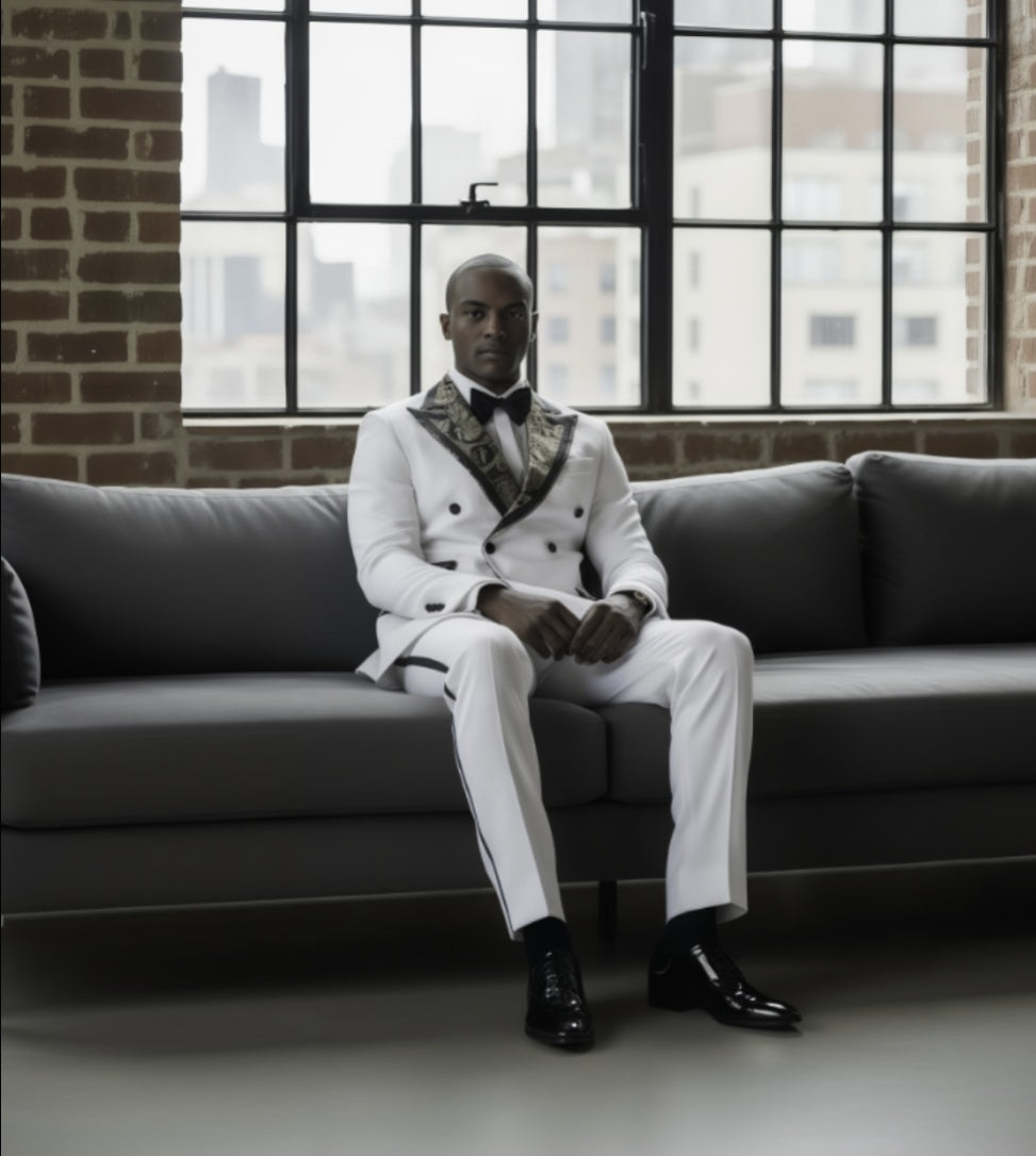Man in a white suit with a patterned lapels sitting on a gray couch in a room with large windows and brick walls.