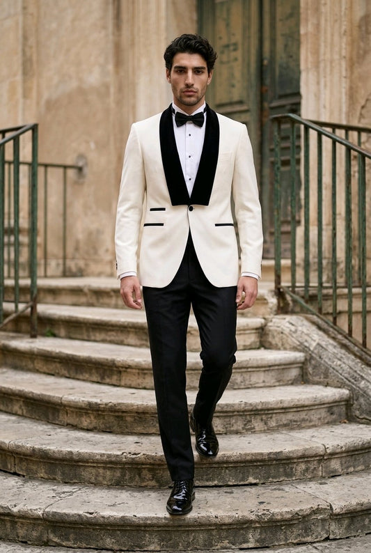 Man in a white tuxedo with black lapels