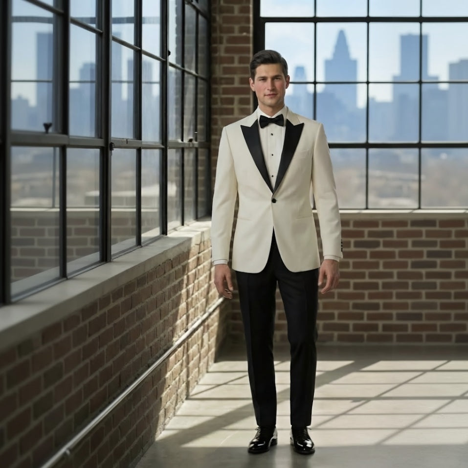 Man in a white tuxedo with black lapels standing in a room with large windows and brick walls