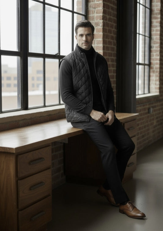 Man sitting on a wooden bench by large windows with brick walls.