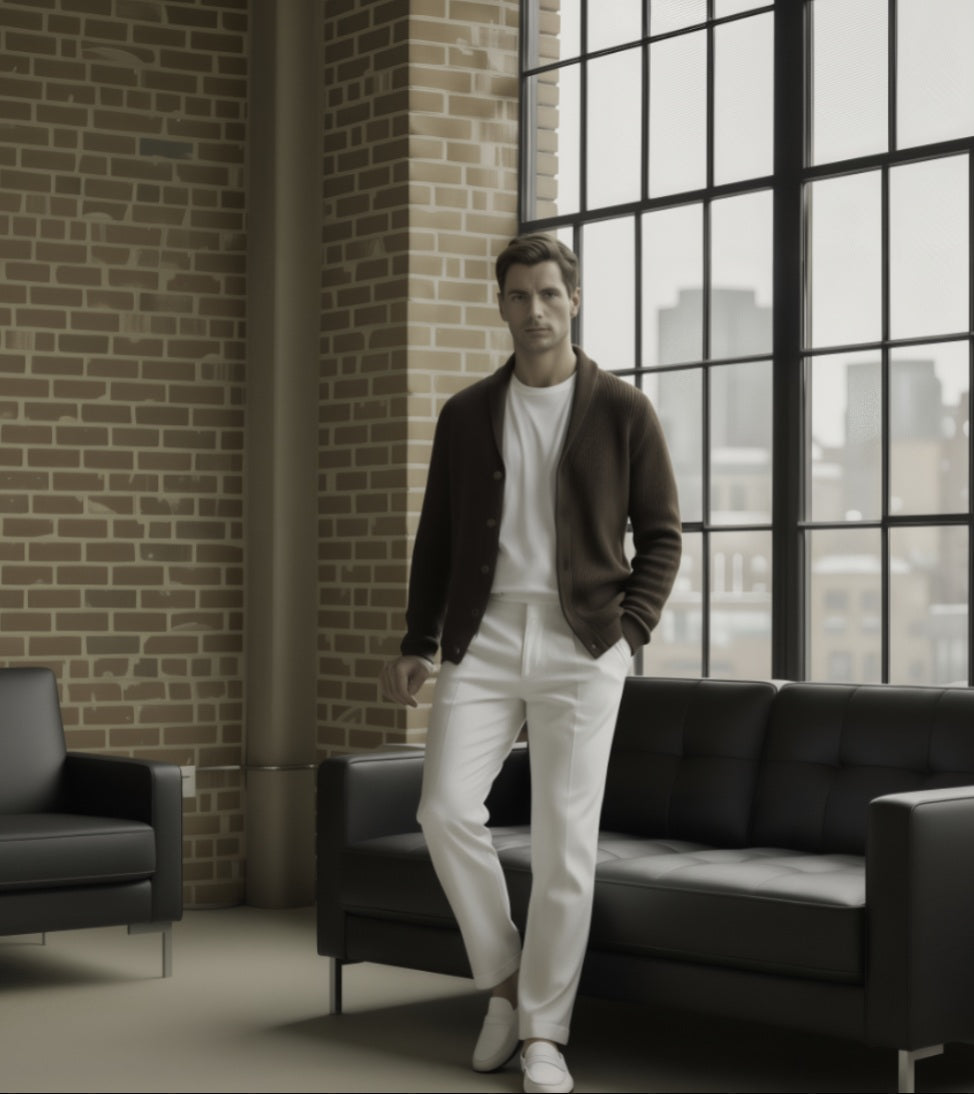 Man standing in a modern interior with large windows and a brick wall.