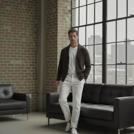 Man standing in a modern living room with large windows and black leather couches.