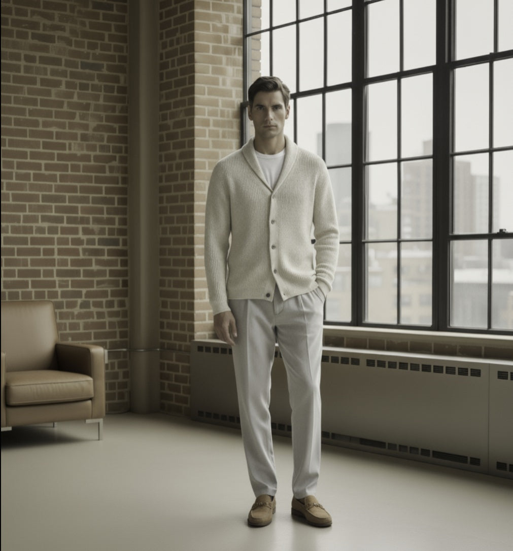 Man standing in a room with large windows and a brick wall.