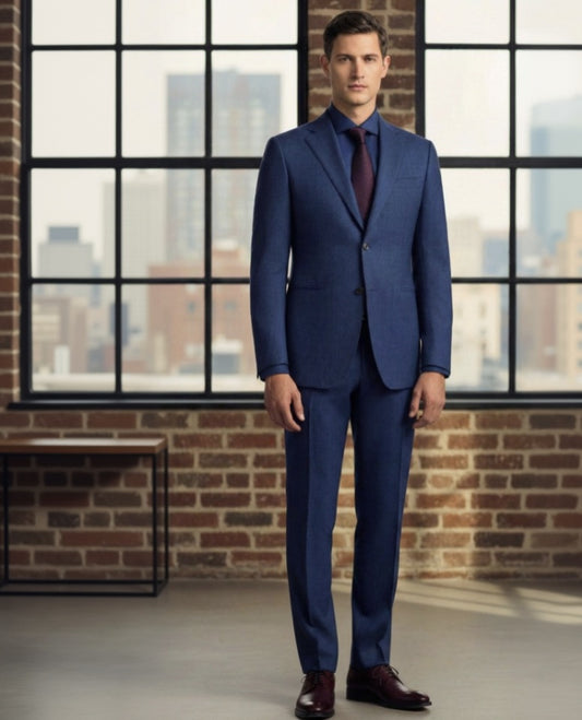 Man wearing a blue suit standing in front of a brick wall with large windows.