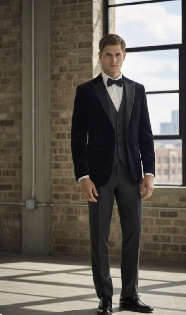 Man wearing a 3pc black velvet tuxedo standing in a room with large windows and brick walls.