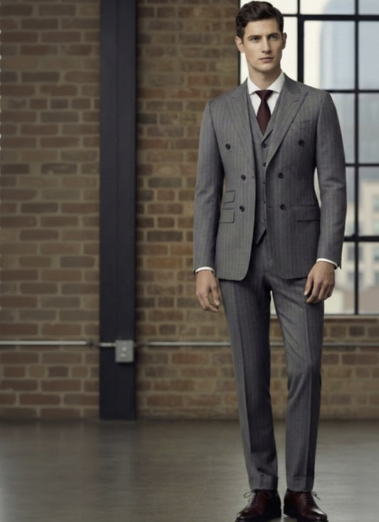 Man wearing a 3pc grey suit standing in front of a brick wall.