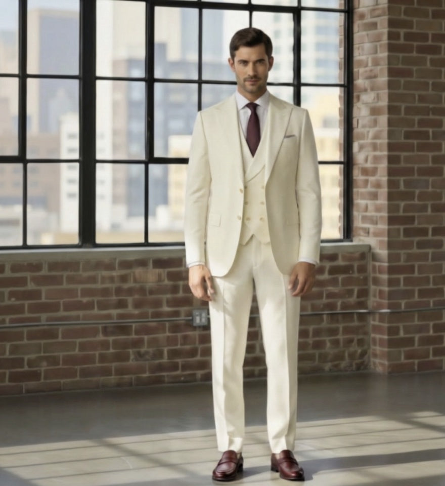 Man wearing a Ivory 3pc suit standing in a room with large windows and brick walls.