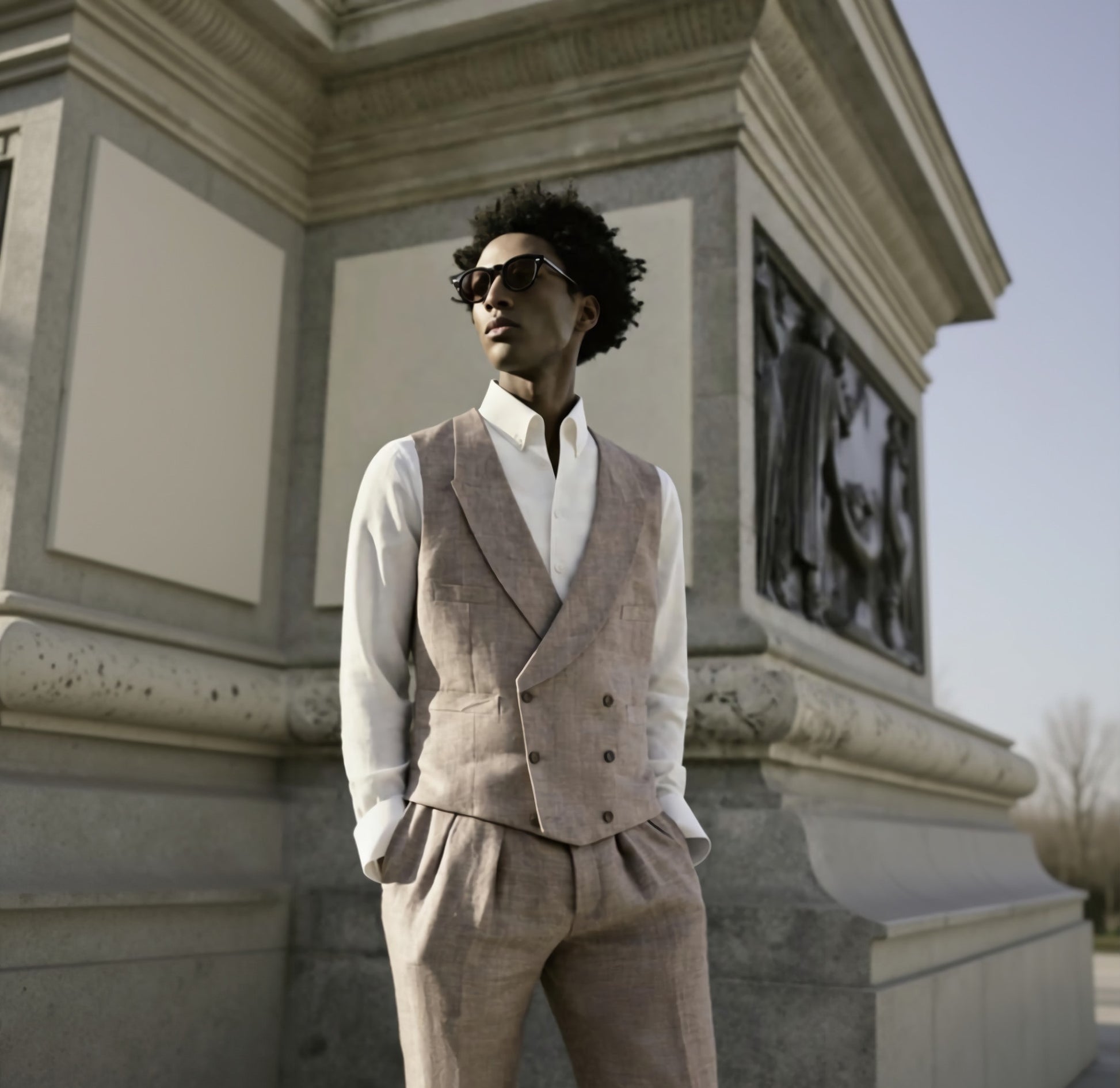 Man wearing a beige suit with sunglasses standing in front of classical architecture.