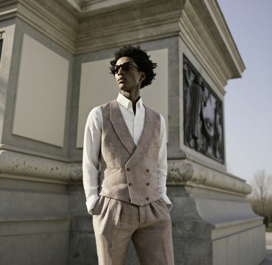 Man wearing a beige suit with sunglasses standing in front of classical architecture.