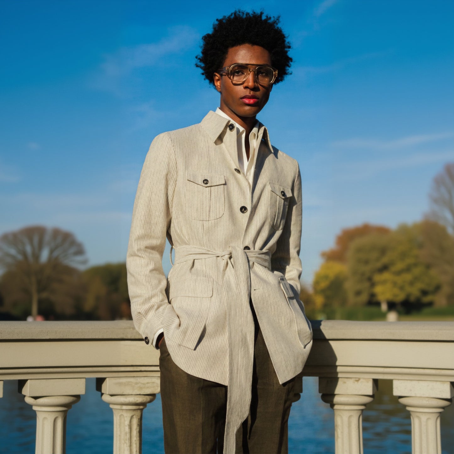 Person wearing a beige trench coat standing outdoors with a clear sky background