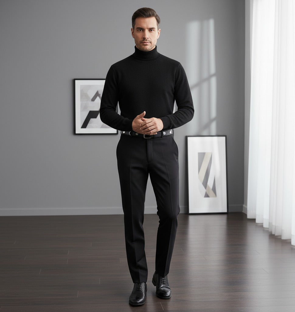 Man wearing a black turtleneck and pants standing in a room with gray walls and framed pictures.