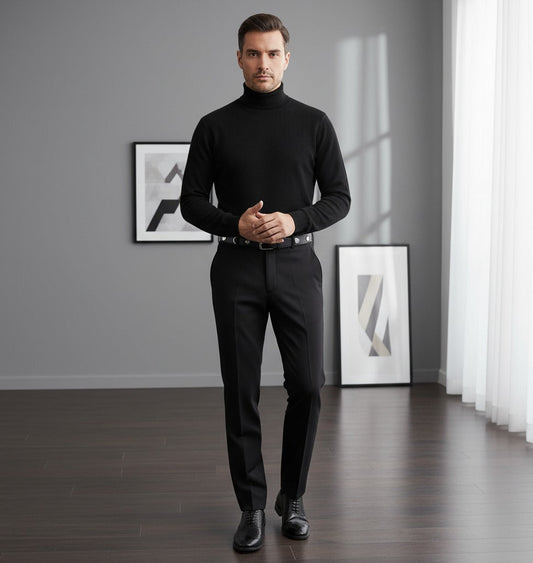 Man wearing a black turtleneck and pants standing in a room with gray walls and framed pictures.