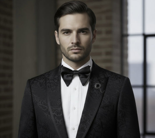 Man wearing a black tuxedo with a bow tie in an indoor setting.