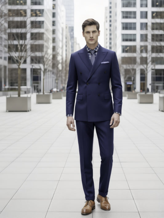Man wearing a blue suit standing in an urban setting with tall buildings.