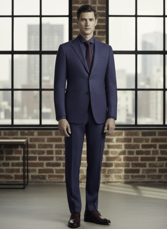 Man wearing a blue suit standing in front of a brick wall with large windows.