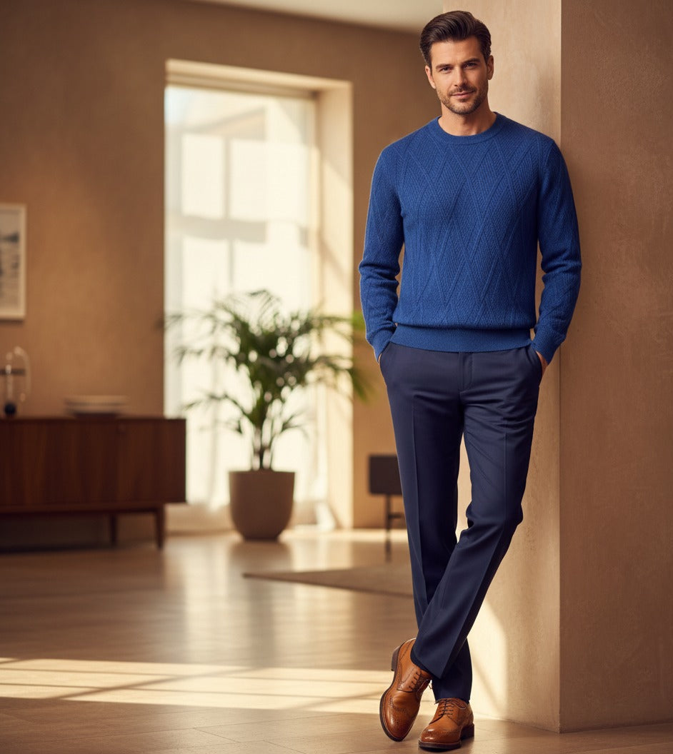 Man wearing a blue sweater and pants in a well-lit room.