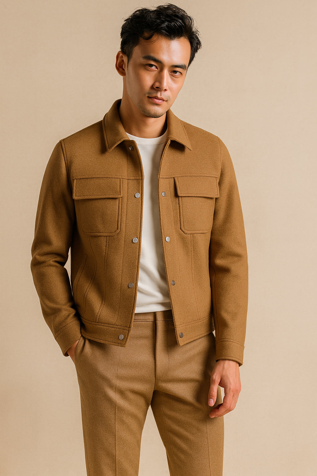 Man wearing a brown jacket and pants on a beige background