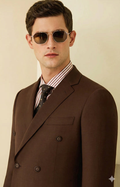 Man wearing a brown suit and sunglasses against a beige background