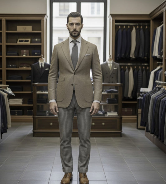 Man wearing a brown suit in a clothing store