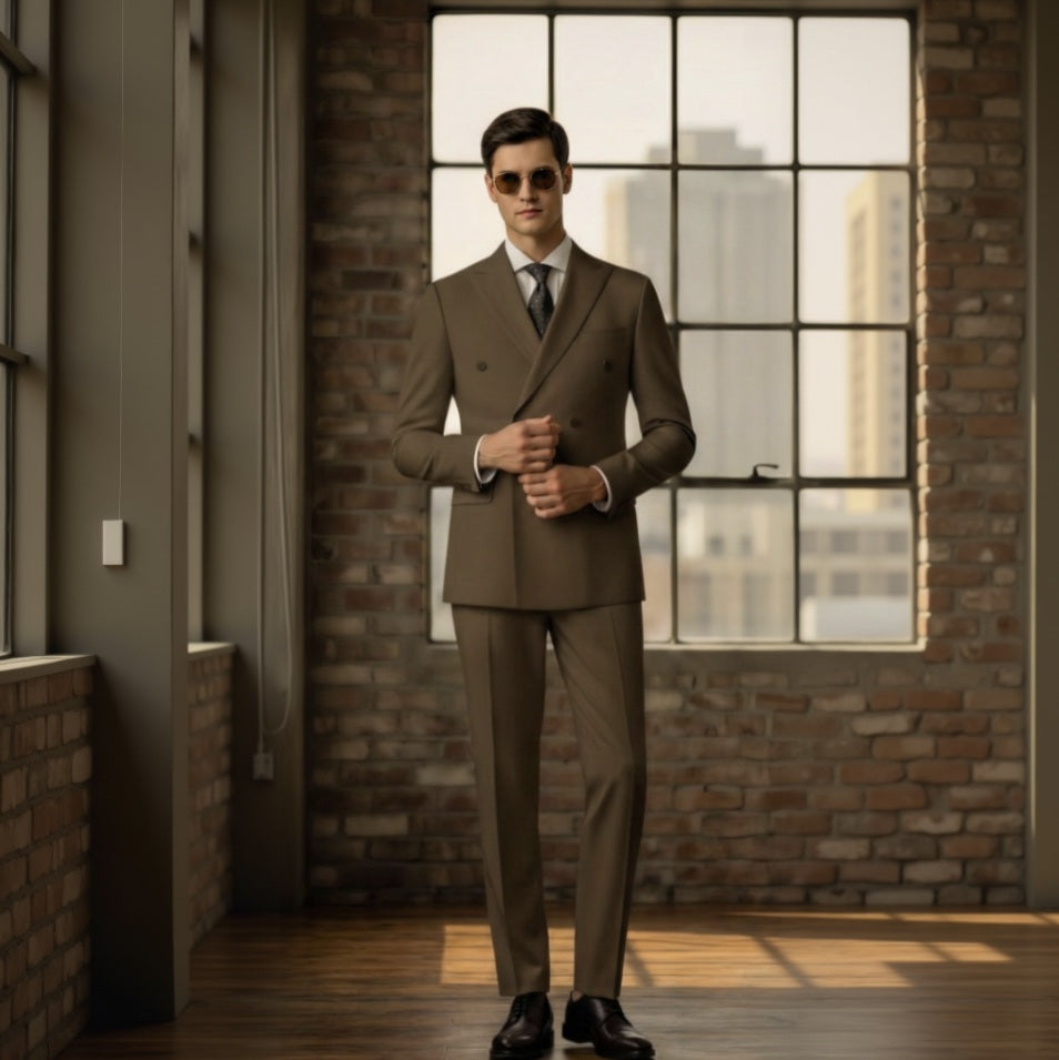 Man in a brown suit standing in a room with large windows and brick walls.