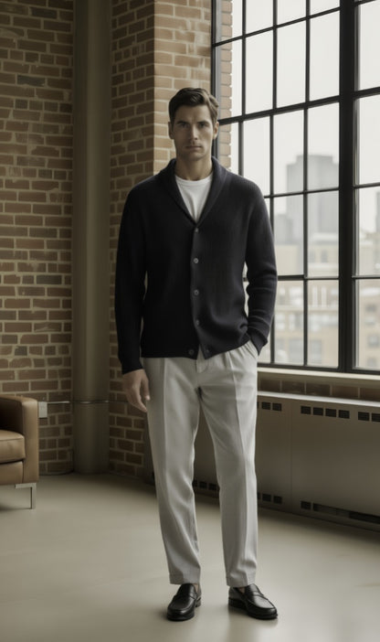 Man wearing a dark cardigan over a white shirt in a room with large windows and brick walls.