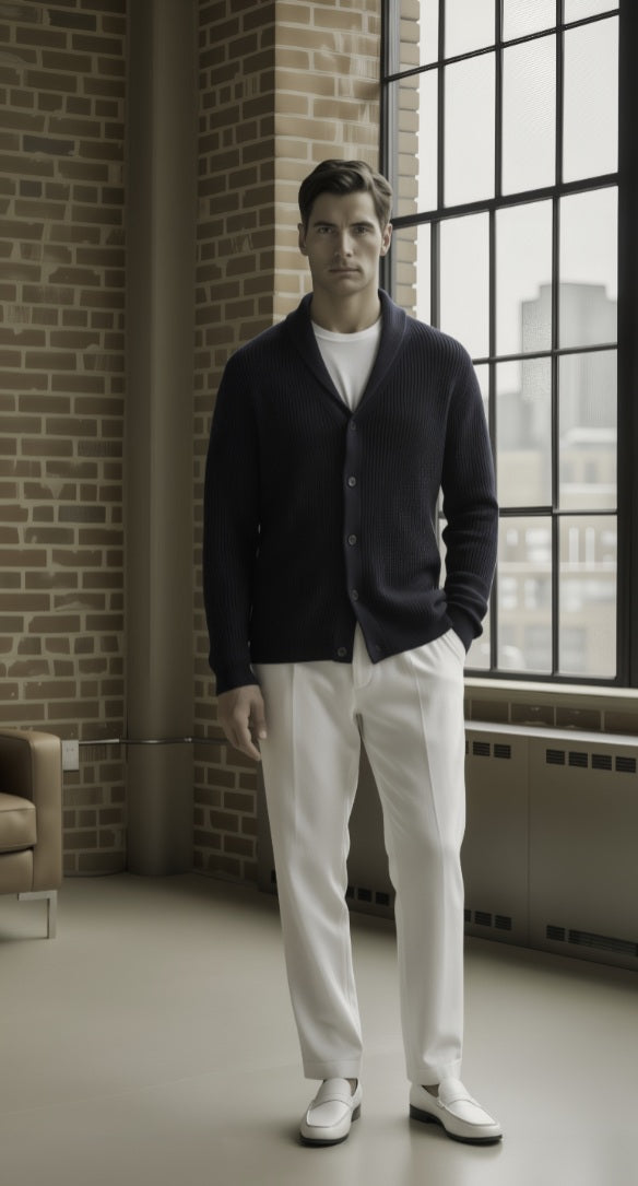 Man wearing a dark cardigan, white shirt, and white pants standing in a room with brick walls and large windows.